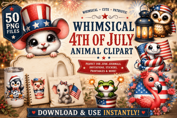 50 Whimsical 4th of July Animal Clipart for Festive Designs