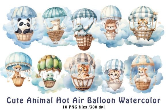 Charming Cute Animal Hot Air Balloon Watercolor Elements