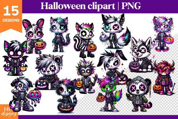 Neon Gothic Halloween Creepy Cute Animal Clipart
