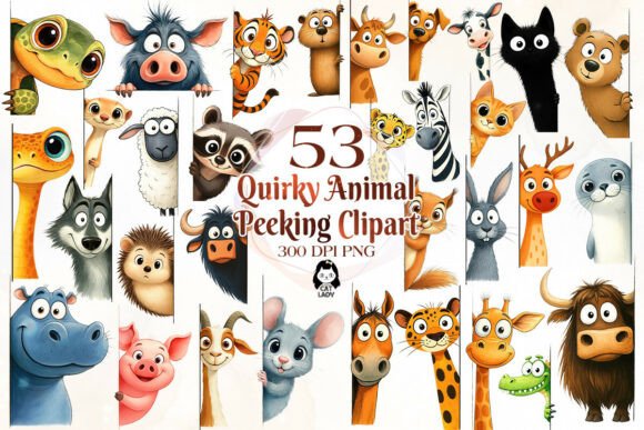 Quirky Animal Peeking Clipart Bundle: 53 PNG Design Assets