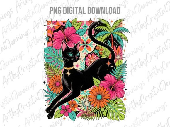 Retro 70s Tropical Black Cat: A Bold Design Asset